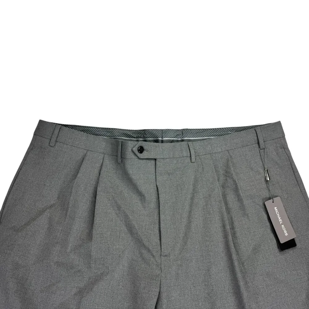 Michael Kors Mens Pleated Cuffed Solid Classic Fit Stretch Pants Gray 44x32